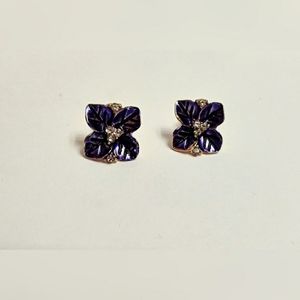Dark Blue Flower and Rhinestone Earrings